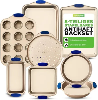 Imagen del producto de Silecomplaza, juego de moldes para hornear de 8 piezas: bandeja para hornear, molde para muffins y molde para pizza, fabricados en acero al carbono con revestimiento antiadherente. Aptos para horno hasta 230 °C. Apilables y libres de BPA. Ideales para pasteles, pan y muffins