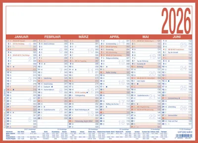 Produktbild von Zettler Arbeitstagekalender kaschiert A4 2026 - Bürokalender groß 29 × 21 cm, 6 Monate pro Seite, Arbeitstage-, Tages- & Wochenzähler, Ferienübersicht, Feiertage, robuster Wandkalender Pappe