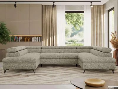 Produktbild von Ecksofa mit Schlaffunktion, Bettkasten, U-form, einstellbare Kopfstützen, Wohnzimmersofa - PABLO U - Strukture - Beige