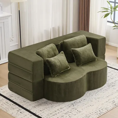 Produktbild von MODFU 2-Sitzer-Sofa,modernes Relaxsofa,Ecksofa mit 4 Kissen,2-in-1 Klappsofa,Bodensofa aus Flanell,Schlafsofa für Wohnzimmer, Gästezimmer und Schlafzimmer,Grün