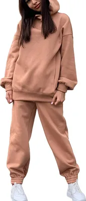 Image de ASKSA Femme Ensemble 2 pièces Survêtement de loisirs Combinaison de sport Sweat à capuche Jogging, Chameau, XL