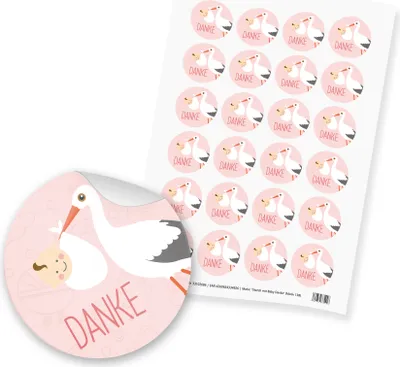 Produktbild von itenga 24x Sticker "Danke / Storch mit Baby" (Motiv 138) rosa pastell