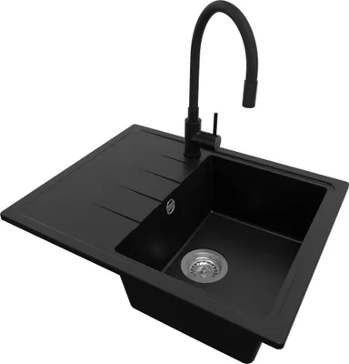 A black granite kitchen sink with a black faucet against a white background.