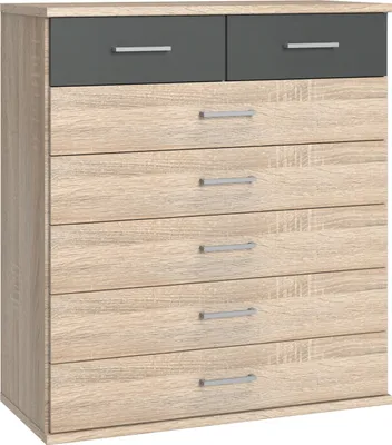 Produktbild von Kommode "Click" aus Spanplatte in Eiche-Sägerau-Nachbildung mit 7 Schubladen. Abmessungen (B/H/T) 90x106x40 cm