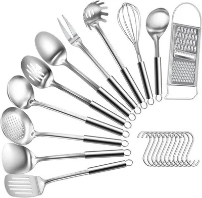 Produktbild von Unyqoos® 12-teiliges Edelstahl-Küchenset – lebensmittelechte Küchenhelfer, hitzebeständige Griffe, spülmaschinenfest, spiegelpoliert (inkl. Tranchiergabel & Schneebesen)