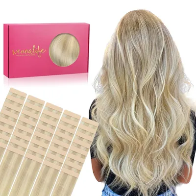 Produktbild von Haarverlängerungen im Tape-In-Verfahren in den Farben Aschblond und Platinblond