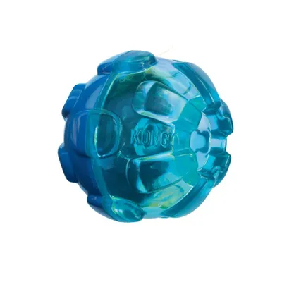 A blue and green KONG dog toy ball.