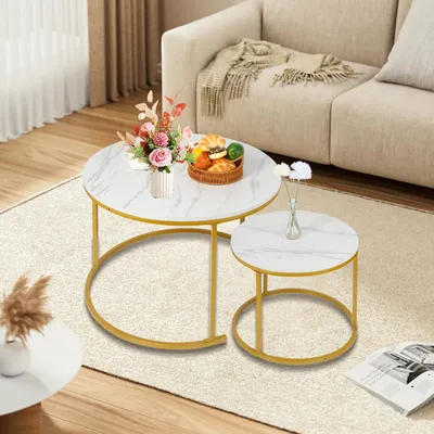 Produktbild von Couchtisch Rund,Satztisch 2er Set,Imitation Marble Couchtisch mit Gold Metallgestell,Stapelbar Beistelltisch Set,Modern Kaffeetisch Kleiner Tisch