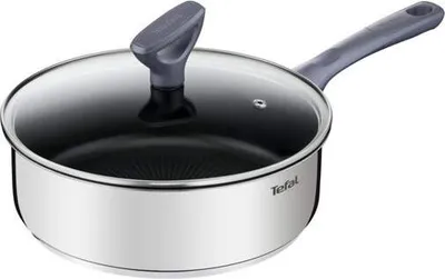 A studio shot of a Tefal cooking pan with a glass lid.