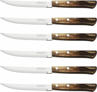 Produktbild von Tramontina STEAK-/PIZZA Messer, 6er Set, Steakmesser, Pizzamesser, Messer, Klinge 11.4 cm, Edelstahl / Holz, Braun, 29899-155