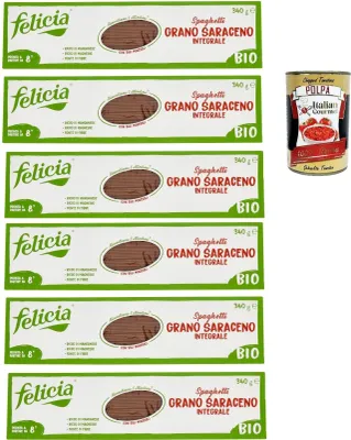 Produktbild von Felicia Spaghetti di Grano Saraceno Integrale,Pasta mit 100% Buchweizen, Natürlich Glutenfrei,Packung mit 6x 340g + Italian Gourmet Polpa di Pomodoro 400g Dose