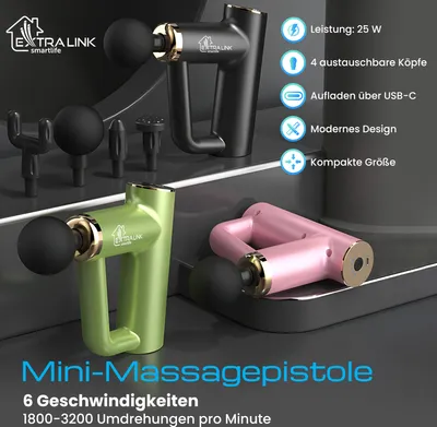 Produktbild von Extralink Massage Gun Mini Massagepistole Massagegerät 4 austauschbare Spitzen und 6 Geschwindigkeitsstufen Muskelmassagepistole USB-C Schwarz