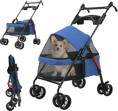 Produktbild von Haustierbuggy mit 4 Rädern, faltbarer Reise-Hundebuggy mit verstellbarem Griff, atmungsaktivem und durchsichtigem Netzgewebe, Getränkehalter für kleine und mittelgroße Hunde und Katzen bis 10 kg