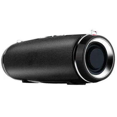 A black portable Bluetooth speaker with silver accents, shown from a side angle against a white background.