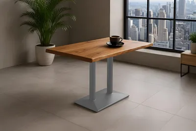 Produktbild von Bistrotisch Baumkante massiv Akazie natur 100 x 60 cm Mittellfuß Silber ISLA