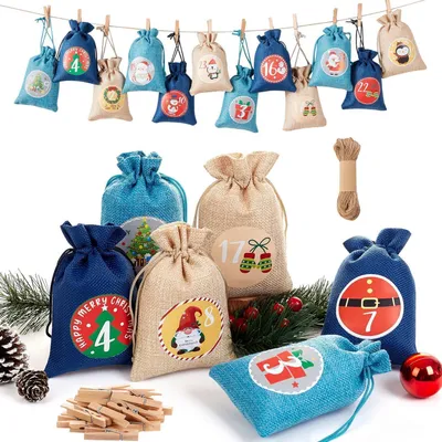 Produktbild von Adventskalender 24 Jutesäckchen zum Befüllen mit Zubehör Blau