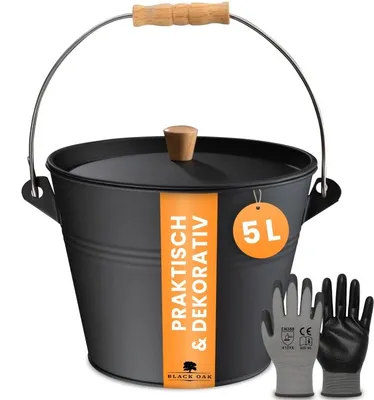 Produktbild von BLACK OAK Ascheeimer PAGO 5L – Schwarz mit Deckel, Holz-Griff & Handschuhen – feuerfest