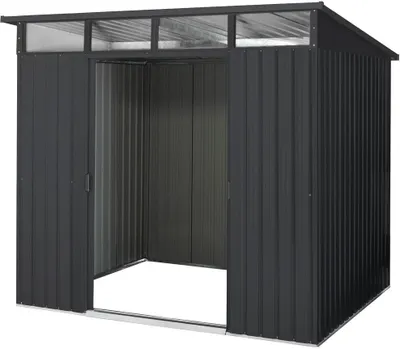 A dark gray metal shed with a transparent roof is shown from the front with the doors open.