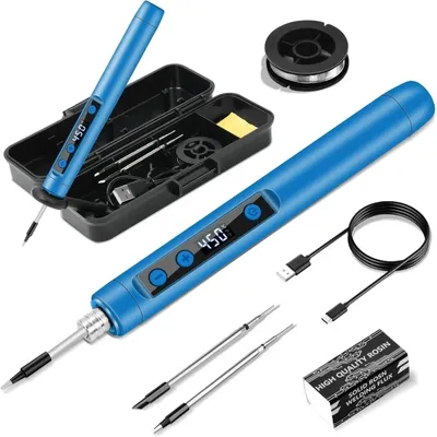 Produktbild von 15-W-Akku-Lötkolben mit einstellbarer Temperatur von 180–450 °C, 3 Lötspitzen und Zubehör für Elektronik und DIY