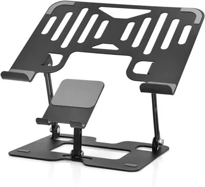 Obrázek produktu pro Stojan na notebook – výškově nastavitelný, skládací, ergonomický, s držákem na mobilní telefon, odvětrávaný, kompatibilní s notebooky o úhlopříčce 10–16"