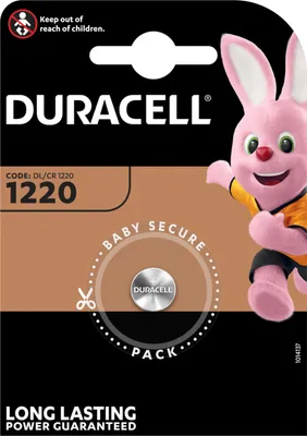The image shows the packaging of Duracell CR1220 lithium batteries.