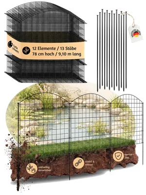 Obrázok produktu pre Plot, záhradný plot, plot na zasadenie, plot k jazierku, 12 plotových prvkov, výška 78 cm, kovový plot pre psov, mriežkový plot, horný oblúk, čierny, V2Aox, 6 x 6 cm