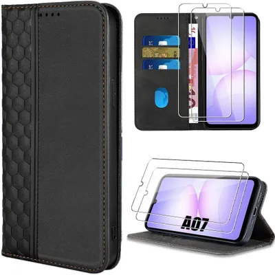 Image de Coque + 2 Verres Trempés pour Samsung Galaxy A07, Protection CuirPolyuréthaneMotif Mosaïque Noir
