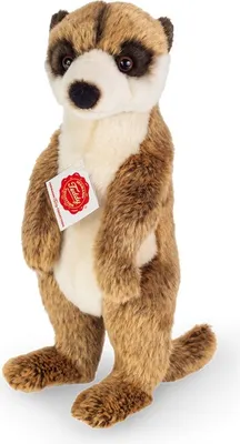 A stuffed meerkat toy standing upright against a white background.