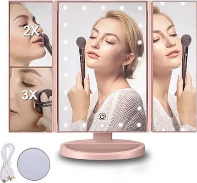 Image de INF Miroir de maquillage à 22 LED avec grossissement, pliable en trois Or rose