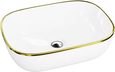 Produktbild von LAVITA Aufsatzwaschtisch Costa Gold Line| Aufsatzwaschbecken Rechteckig | Waschbecken ohne Überlauf und Hahnloch | Aus hochwertigem Porzellan | Waschtisch | 46x32,5x13,5 cm | Weiß/Gold