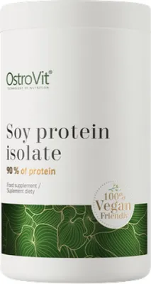 A white cylindrical container of OstroVit Soy Protein Isolate.
