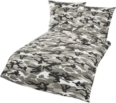 A camouflage patterned duvet cover and pillow set.