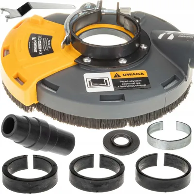 A dust cover for a grinder and its accessories are displayed against a white background.