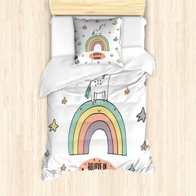 Immagine prodotto di ABAKUHAUS Set copripiumino Unicorno, arcobaleno disegnato a mano con stelle scarabocchiate e citazione "Credi nei miracoli - Vibrazioni positive", 135 x 200 cm + 80 x 80 cm, multicolore