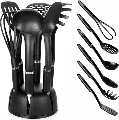 Produktbild von BEM Küchenutensilien Kochlöffel Küchenhelfer Set 6-tlg. Küchenset inkl. Pfannenwender, Suppenkelle, Spaghettilöffel, Nudellöffel, Schaumlöffel, Schneebesen mit Kochutensilien Behälter