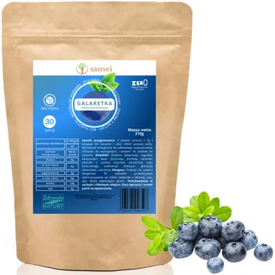 Zdjęcie produktu dla GALARETKA BEZ CUKRU 210g NISKOKALORYCZNA BORÓWKA SANSEI - 30 porcji FIT KETO bez glutenu, bez tłuszczu, bez węglowodanów tylko 9,5 kcal porcja