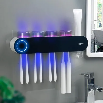 UV-Tandenborstel-Desinfektor & Halter, Wandmontage, 8 Fächer, Schwarz