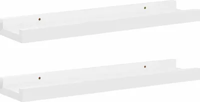 Two white wall shelves are shown against a white background.