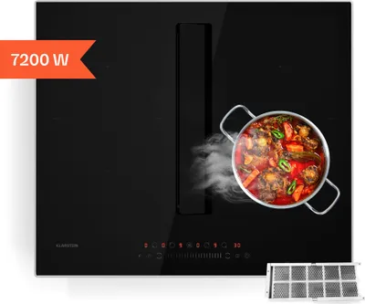 Image de Klarstein Chef-Fusion Prime table à induction avec hotte intégrée - 7200 W, Boost 8400 W, 590 m³/h, classe énergétique A, Flex Zone, verre & inox, design compact, minuterie 99 min, noir