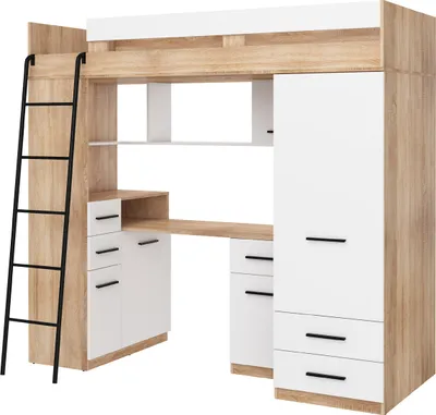 Produktbild von SMYK L Serie Hochbett Sonoma Eiche Weiß mit Schreibtisch, Kleiderschrank, Regal, inkl. 2 Schubladen, Regale, Kleiderstange & abschließbaren Schränken, aus 16mm laminierter Platte mit ABS-Kante, leise Schließung linke Seite, Maße (BxTxH): 204x110x188 cm, Liegefläche 80x200 cm, max. Matratzenhöhe 12 cm