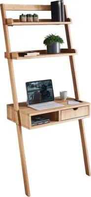 A wooden ladder desk with shelves and a drawer, displaying a laptop and some decorative items.