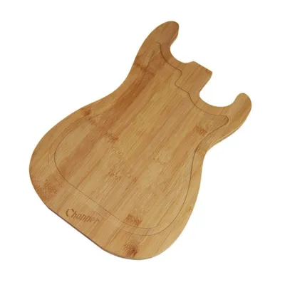 A wooden cutting board shaped like a guitar.