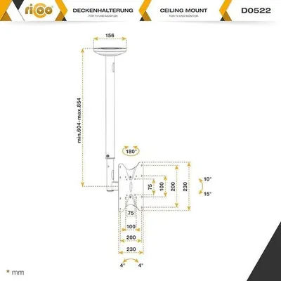 Image de Support de plafond pour téléviseur 23 à 42 pouces, orientable, inclinable et réglable en hauteur - support de plafond universel D0522 - jusqu'à 25 kg - VESA 200 x 200 mm