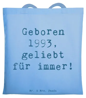 Produktbild von Mr. & Mrs. Panda Einkaufstasche Spruch 1993 Geburtstag - Sky Blue - Geschenk, Shopping Tasche, Beutel, Geburtstagsgeschenk, Jubiläum, Jahrgang, handgefertigt, Jutebeutel
