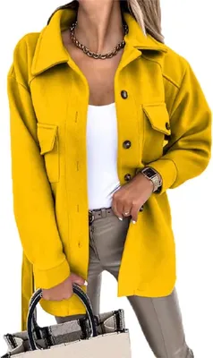 Produktbild von ASKSA Women's Single Breasted Shirt Jacket Long Sleeve Cardigan Coat Plain Outwear with Belt, Gelb, L