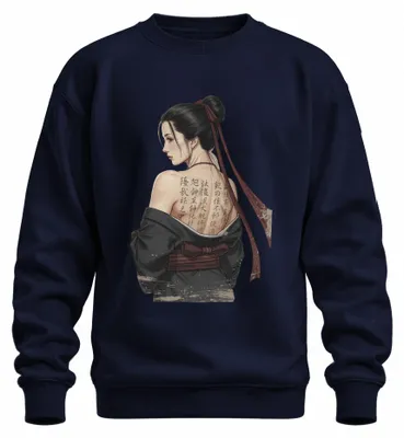 Zdjęcie produktu dla Bluza z kapturem, styl anime, gejsza, japońska kaligrafia, Japonia, styl Y2K, samuraj, kolor granatowy, rozmiar S