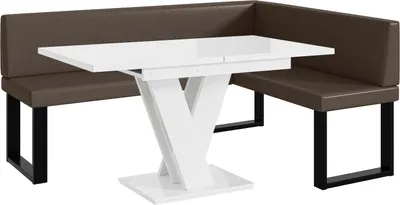 Produktbild von MEBLINI Eckbank für Esszimmer mit ausziehbarem Tisch  - Küchenbank - Essecke - Sitzecke Küche - ERIC - U-Beine 128x168x87cm Rechts - Braun Kunstleder/M Weiß Hochgl.