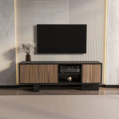 Obrázok produktu pre Skye Decor, kvalitný televízny stojan (3 kusy) – čierna a hnedá farba, 100% melamín, 150 cm