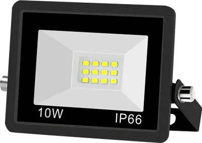 A black floodlight with a white face and yellow LEDs, mounted on a bracket.