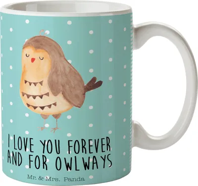 Produktbild von Mr. & Mrs. Panda Kaffeetasse Eule Zufrieden - Türkis Pastell - Geschenk, Trinkbecher, Pott, Owl, Liebesspruch, Müde, Romantisch, Hochzeitstag, Teetasse, bedruckt, Becher